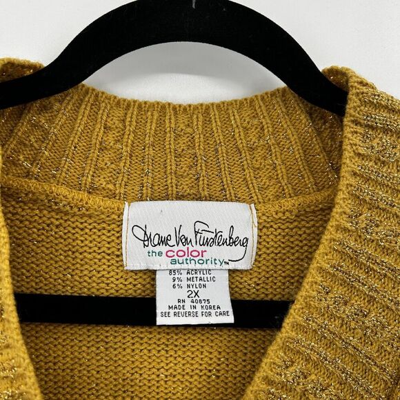 DIANE VON FURSTENBERG Vintage Womens Yellow Gold Metallic V-Neck Sweater Size 2X - Picture 6 of 6